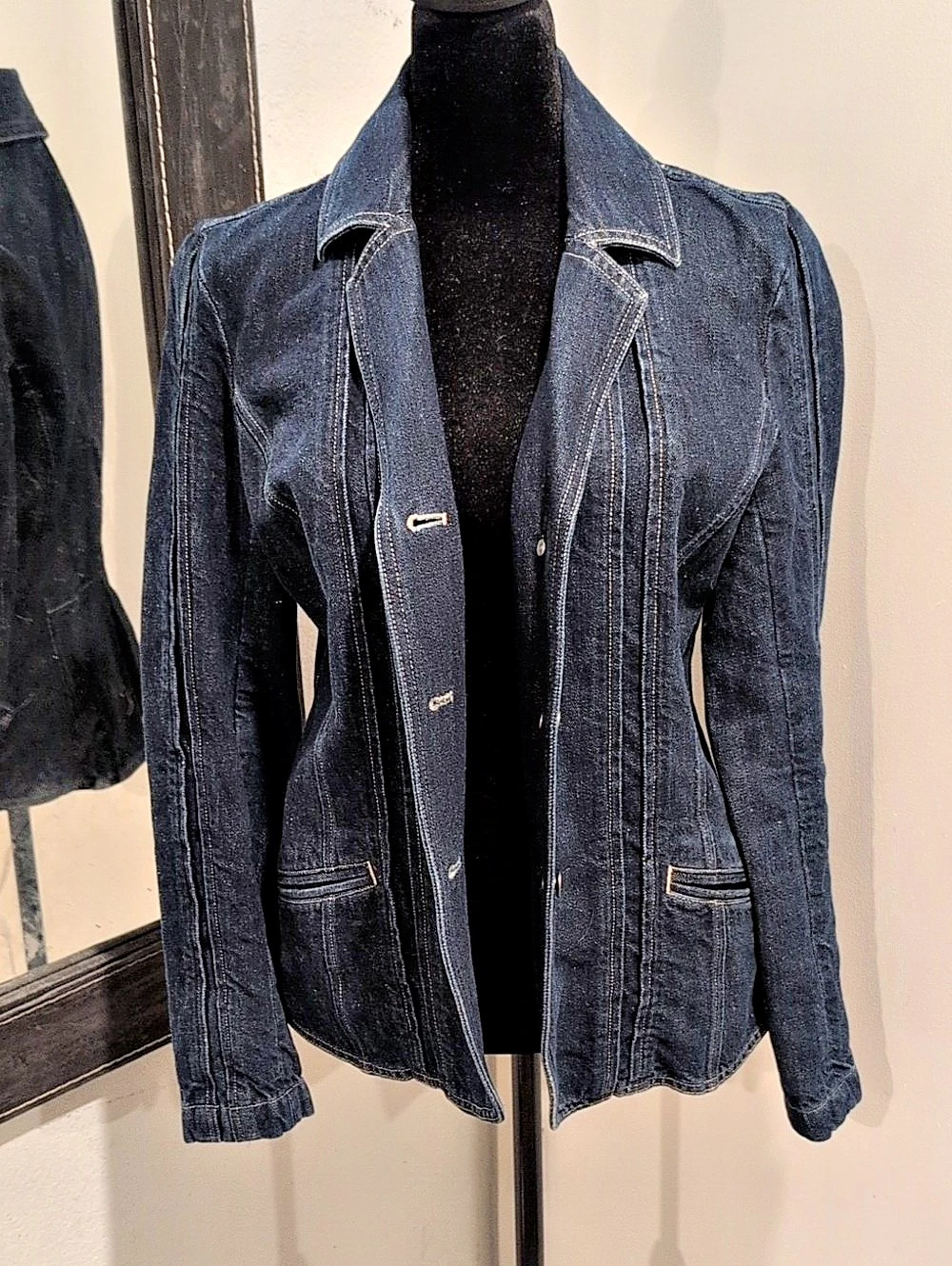J. Jill Size 2 Dark Wash Denim Blazer Jacket Cotton Linen Button Front Classic